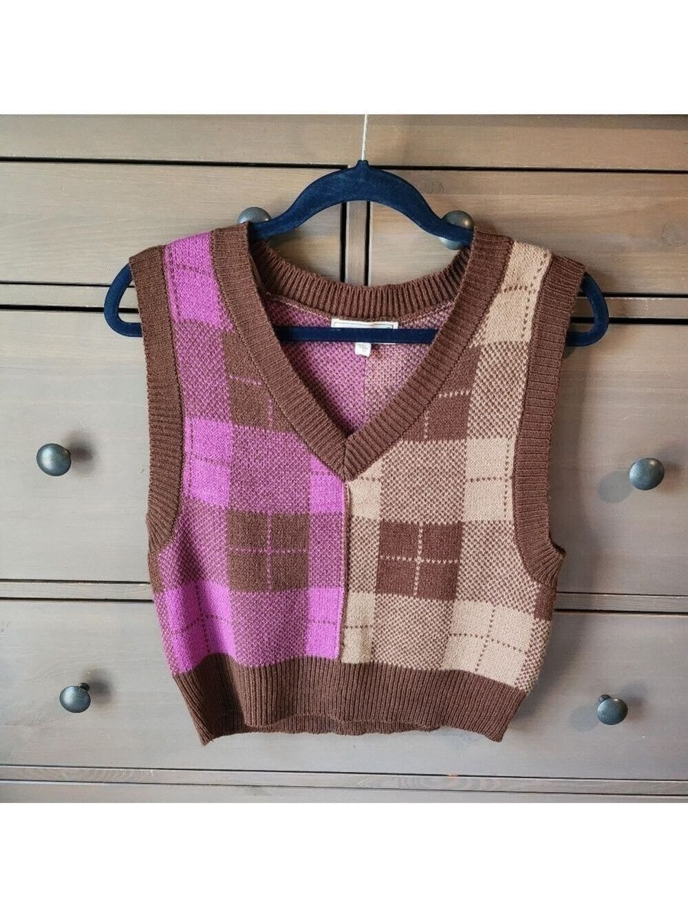 Plaid Brown and Pink Sweater Vest By No Comment